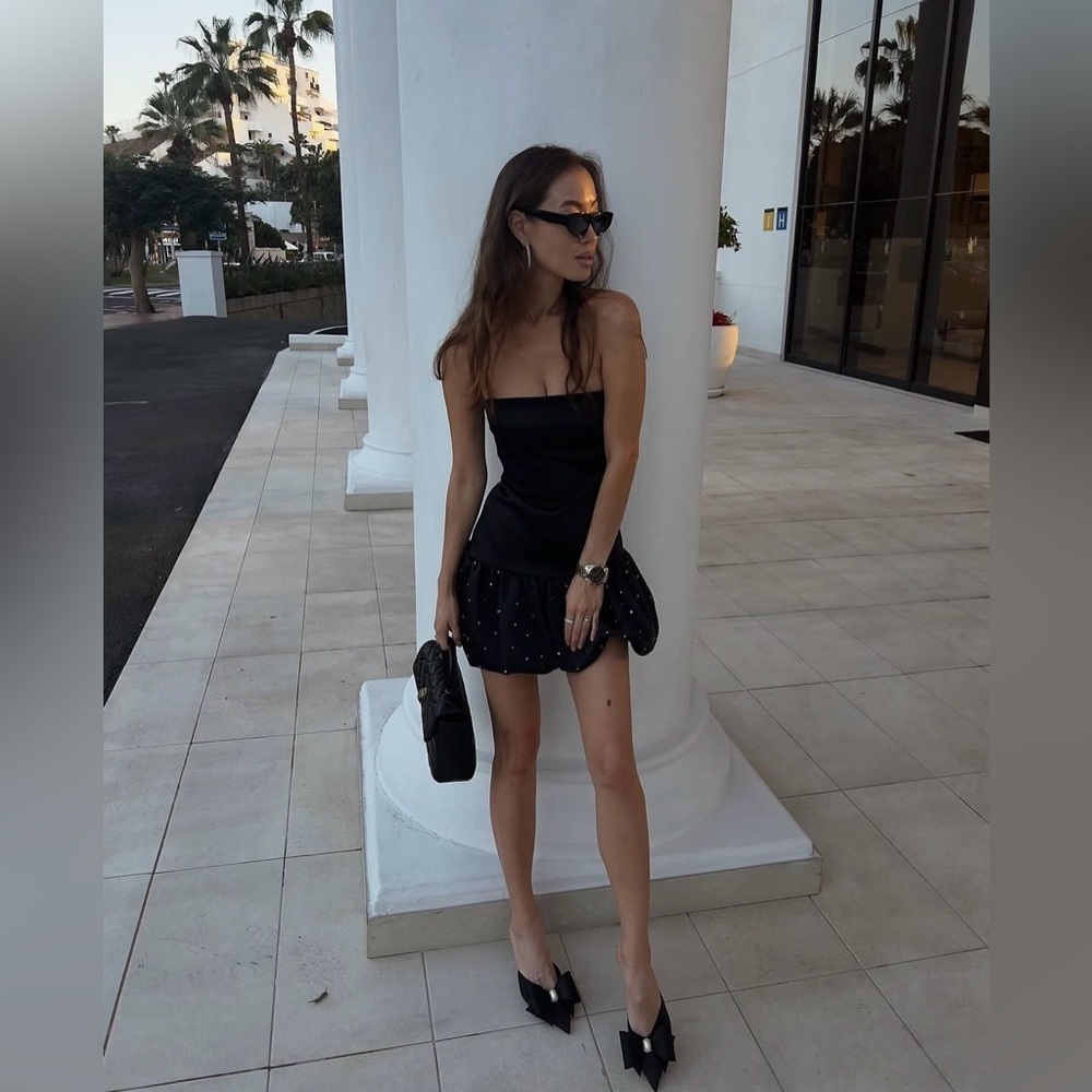 Zara mini dress strapless little black rhinestones balloon corset bodycon party